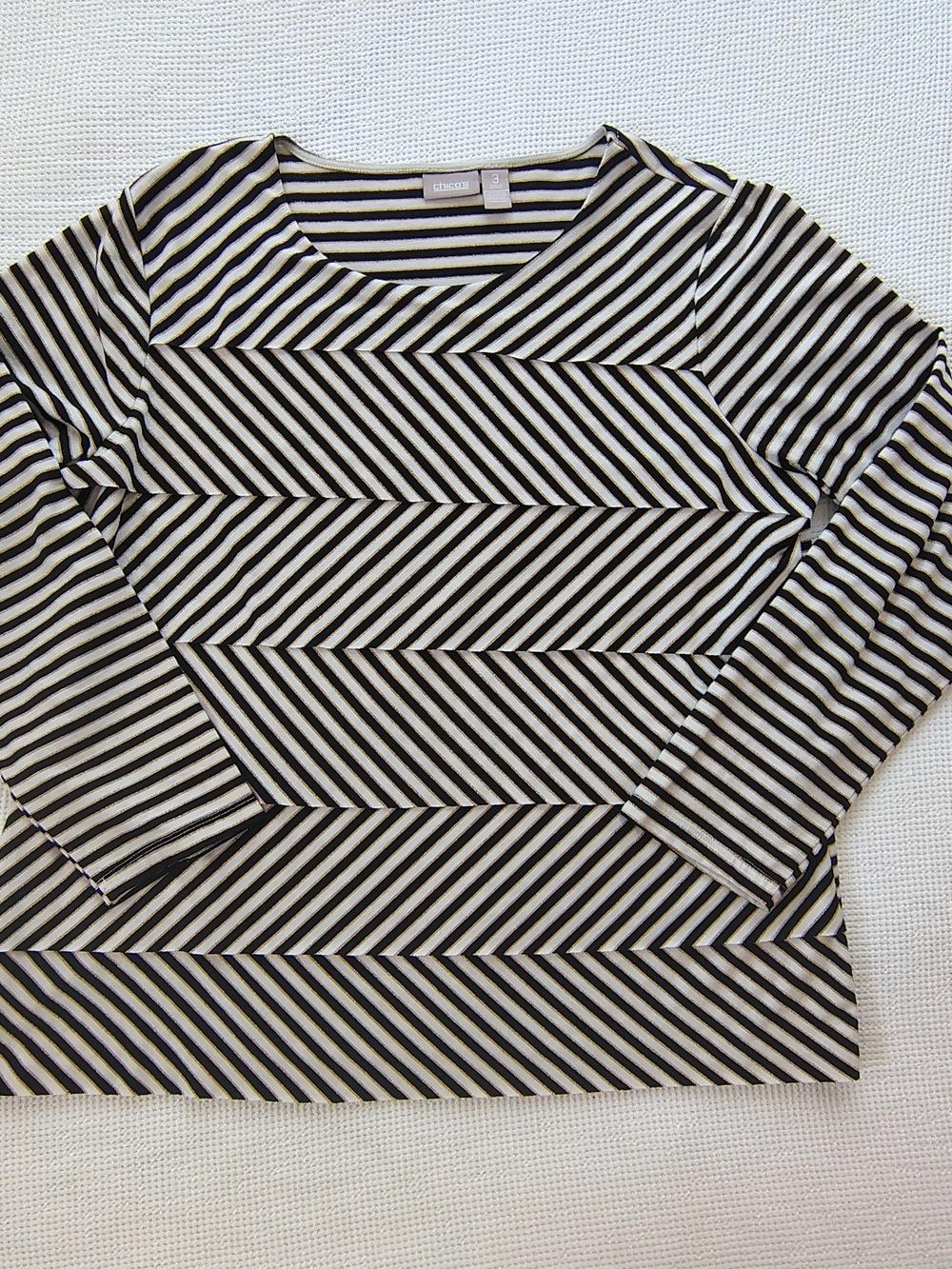 Chico's Black Cream Gold Metallic Stripe Chevron Top Size 3 (XL / 16-18)
